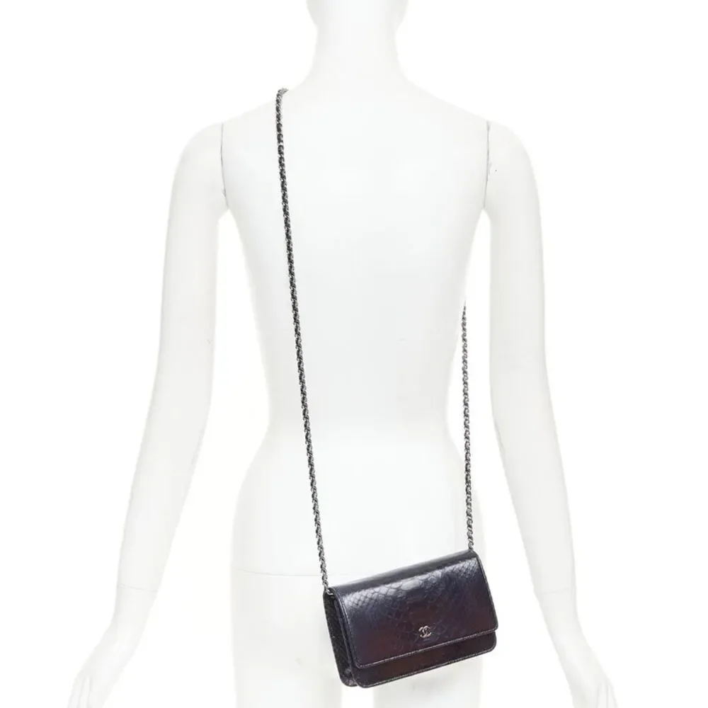 CHANEL Timeless Classic Flap Wallet on Chain navy scaled leather crossbody bag